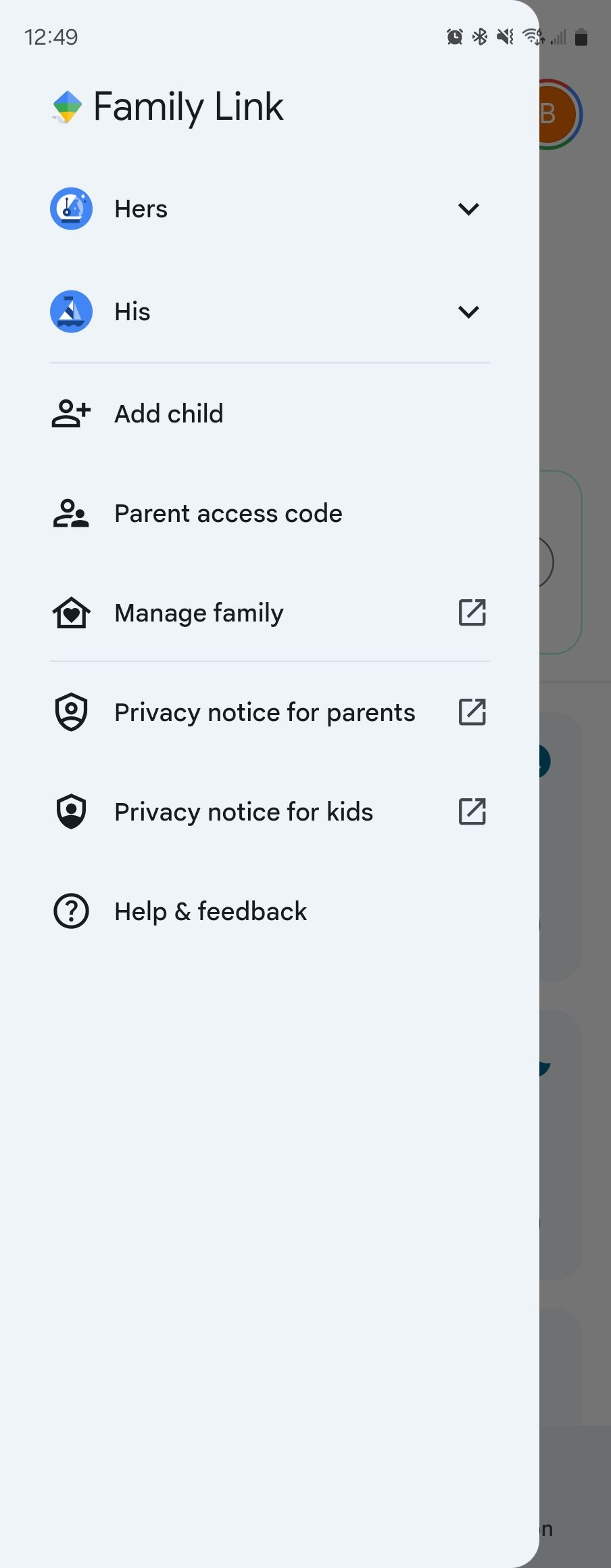 منوی پیمایش در برنامه Family Link Google در Android