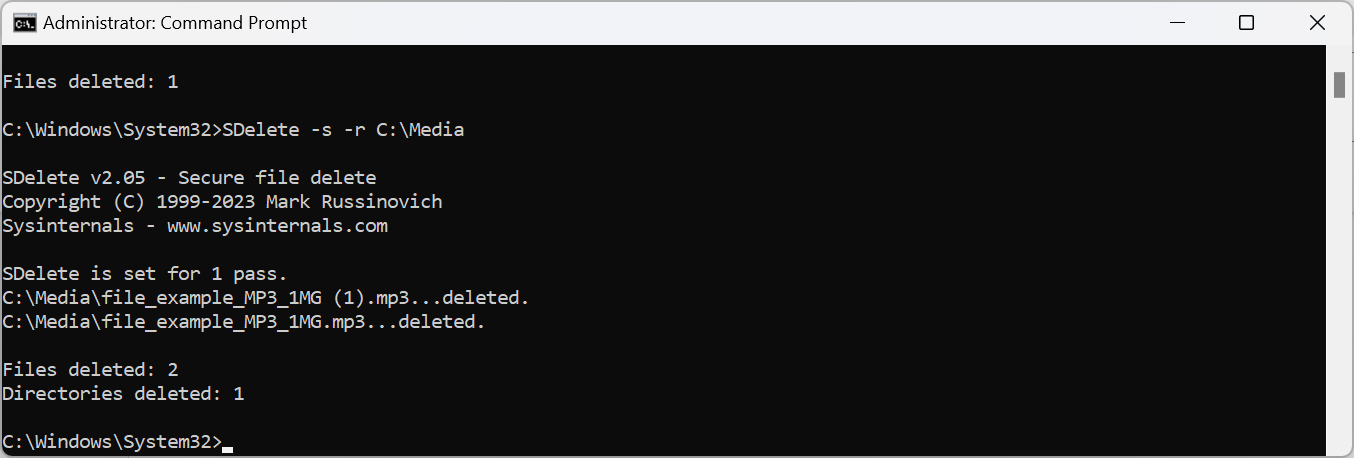 SDelete command in Command Prompt 