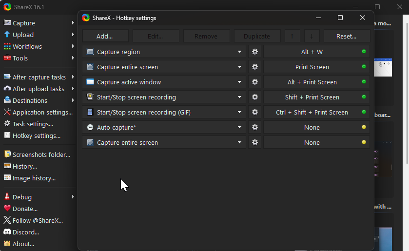 ShareX Hot Key settings screen on Windows 11