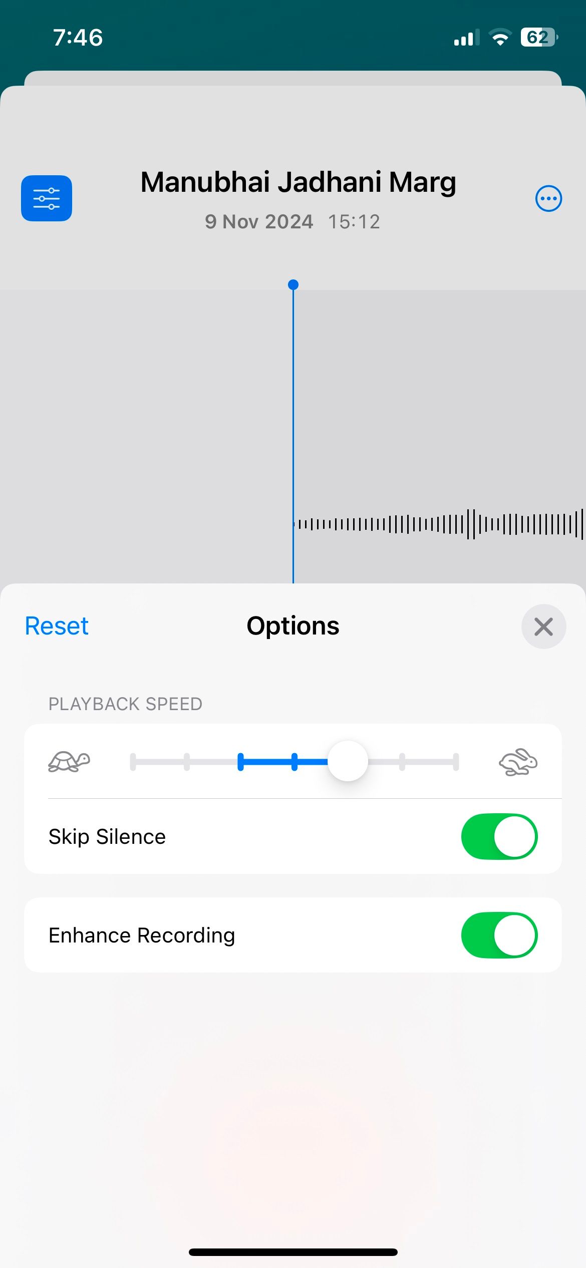 Skip Silence option turned on in Voice Memos app on iPhone