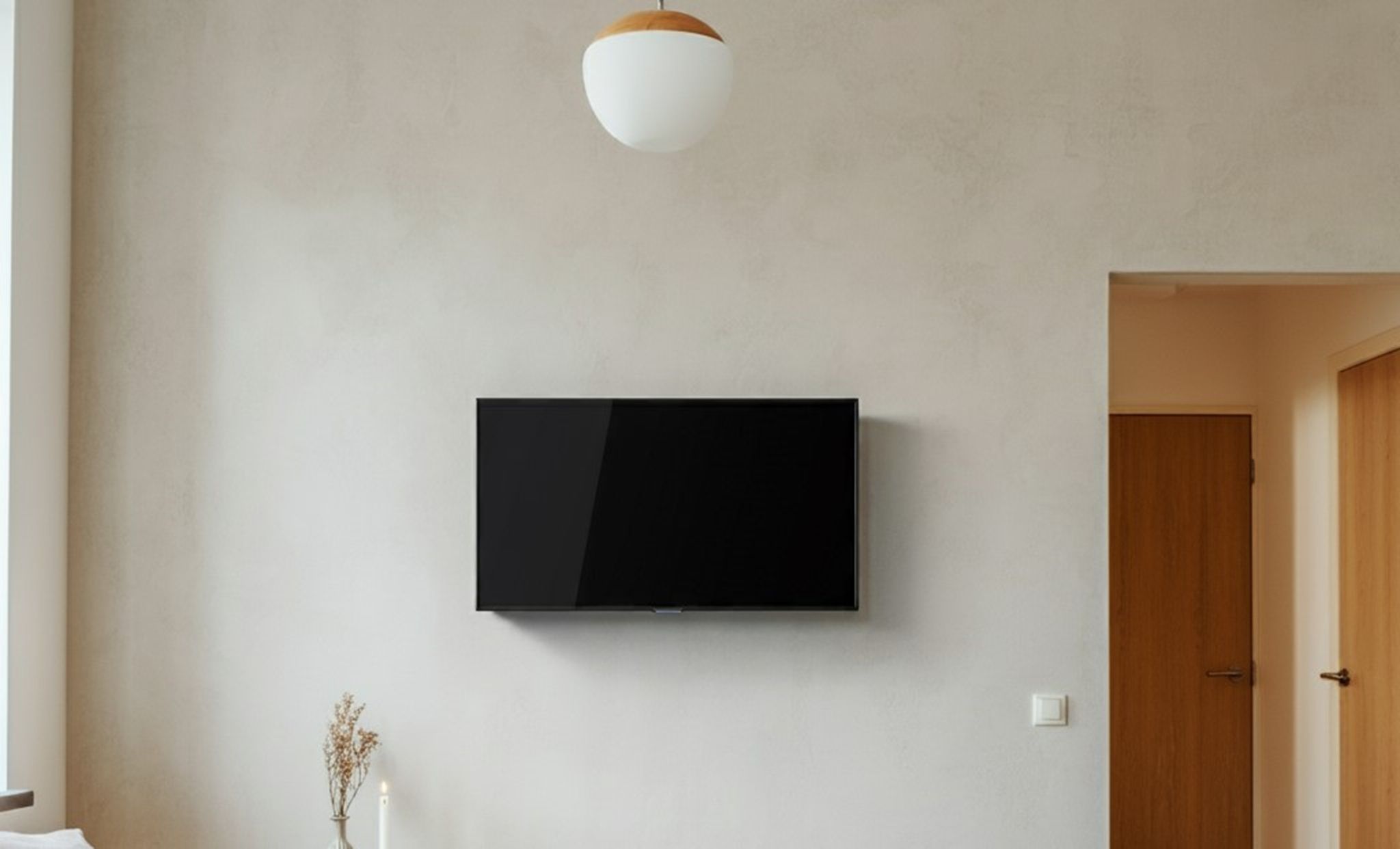 small tv hanging on a wall