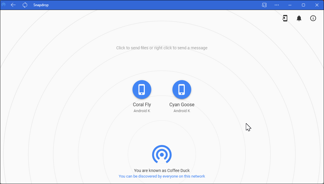 Snapdrop web app with two discovered devices named Coral Fly and Cyan Goose