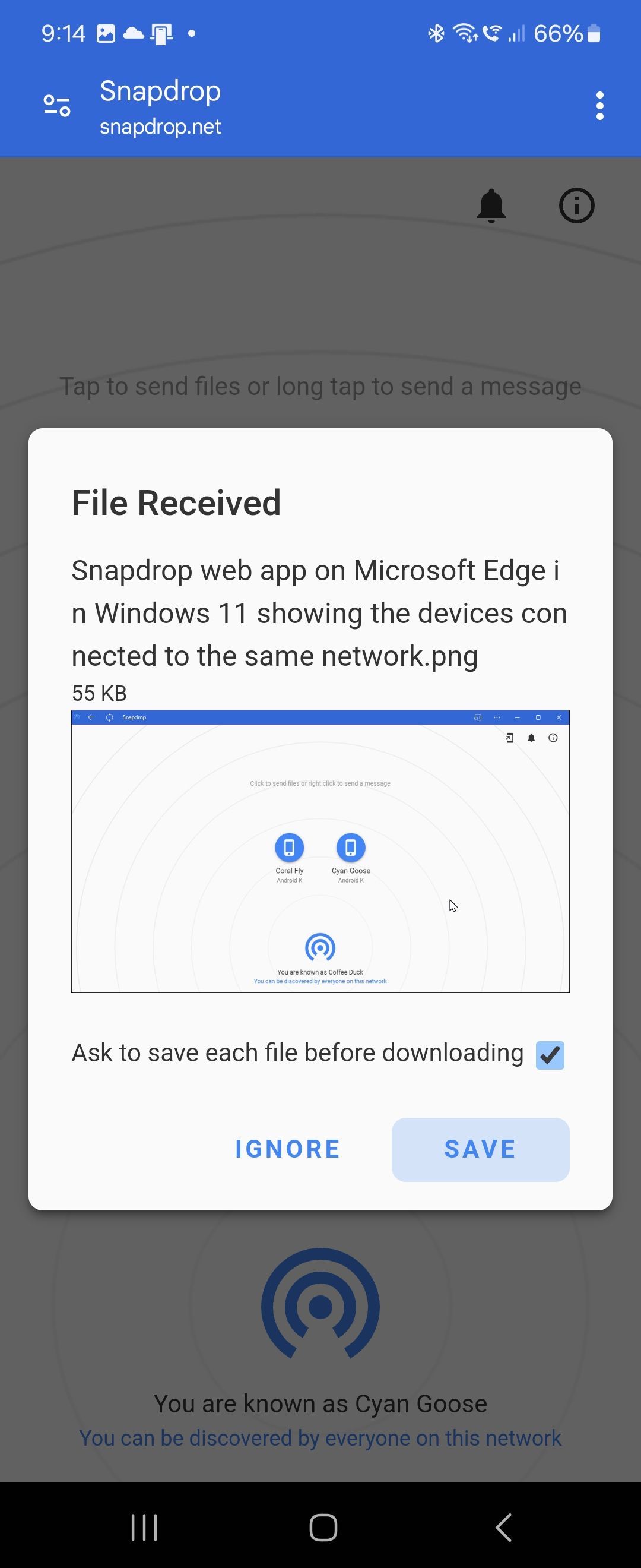 Snapdrop web app with a File Received notification on an Android phone