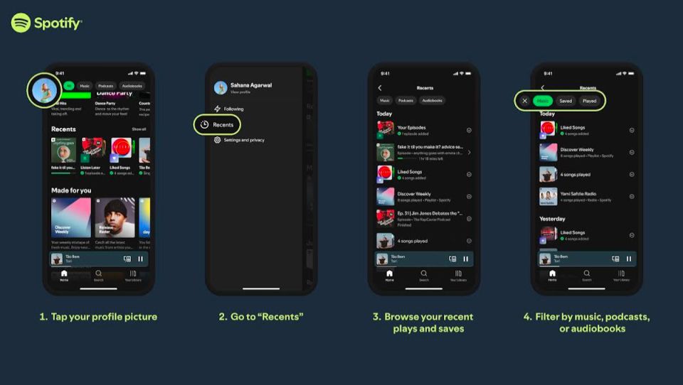 how to find the spotify recents page