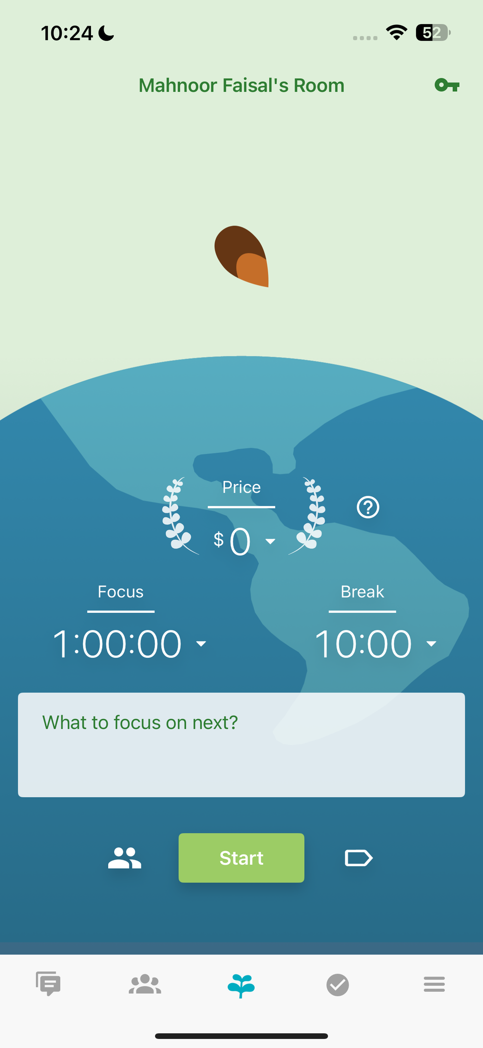 Starting a new focus session in Flora app