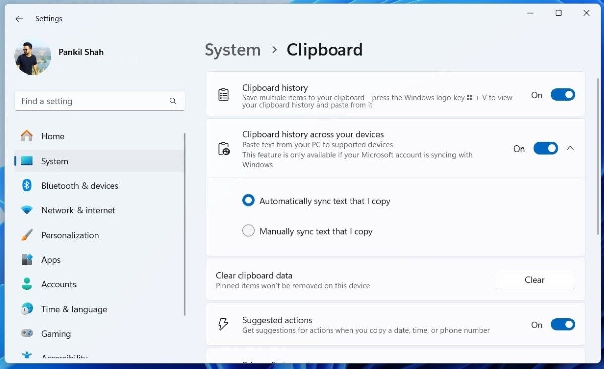 The Clipboard history options in Windows 11 Settings App