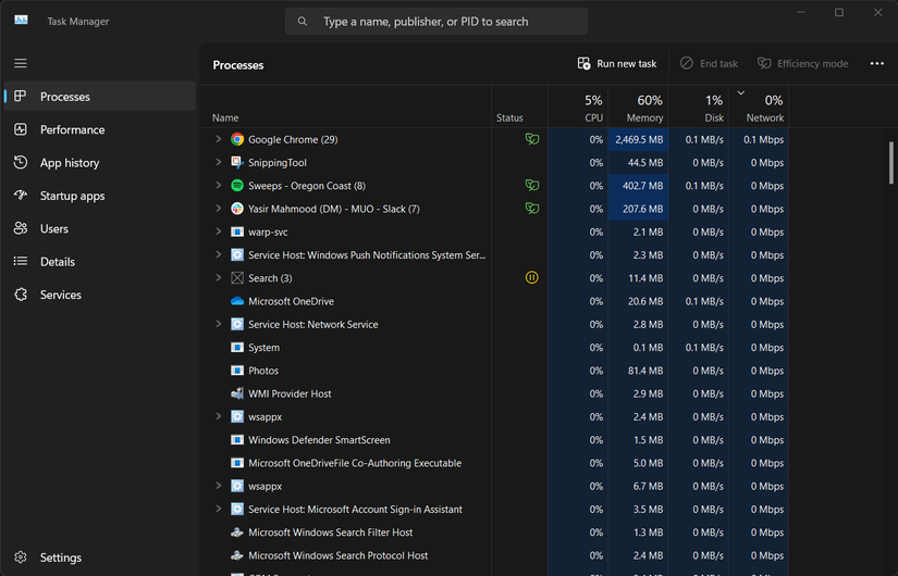 Processes preview in Task Manager.