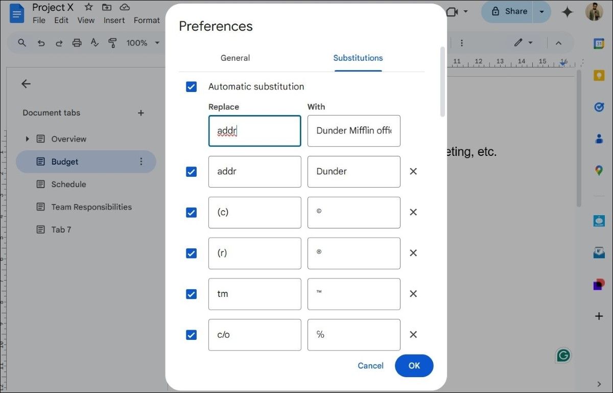 Text Substitution in Google Docs