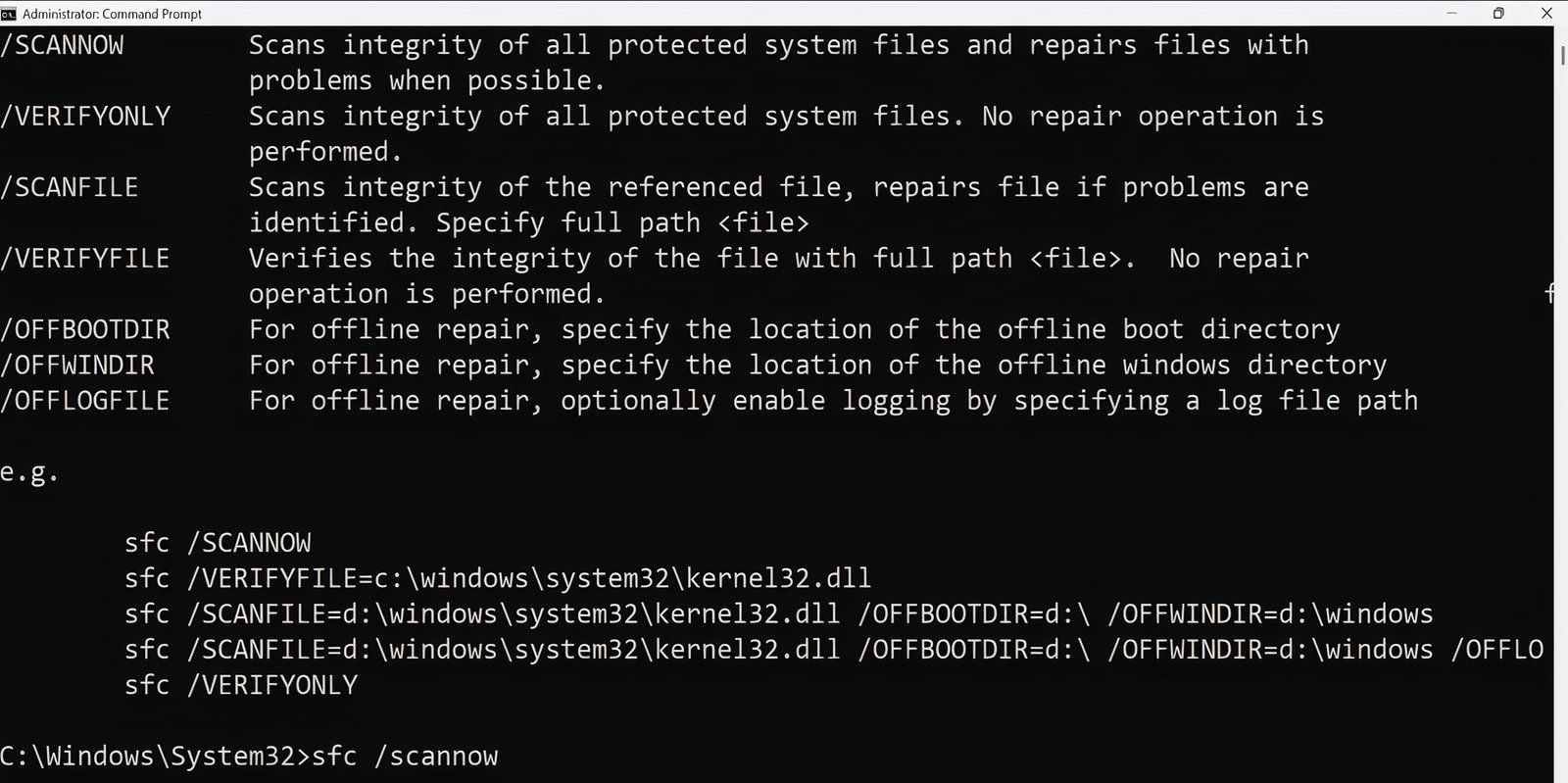 The command prompt window with the command to run sfc scan