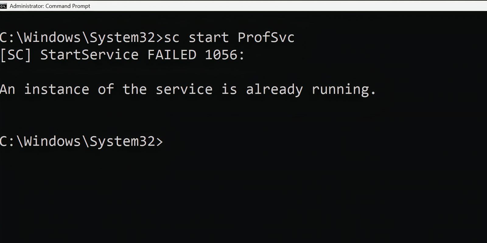 The command prompt window with the command to run the user profile service