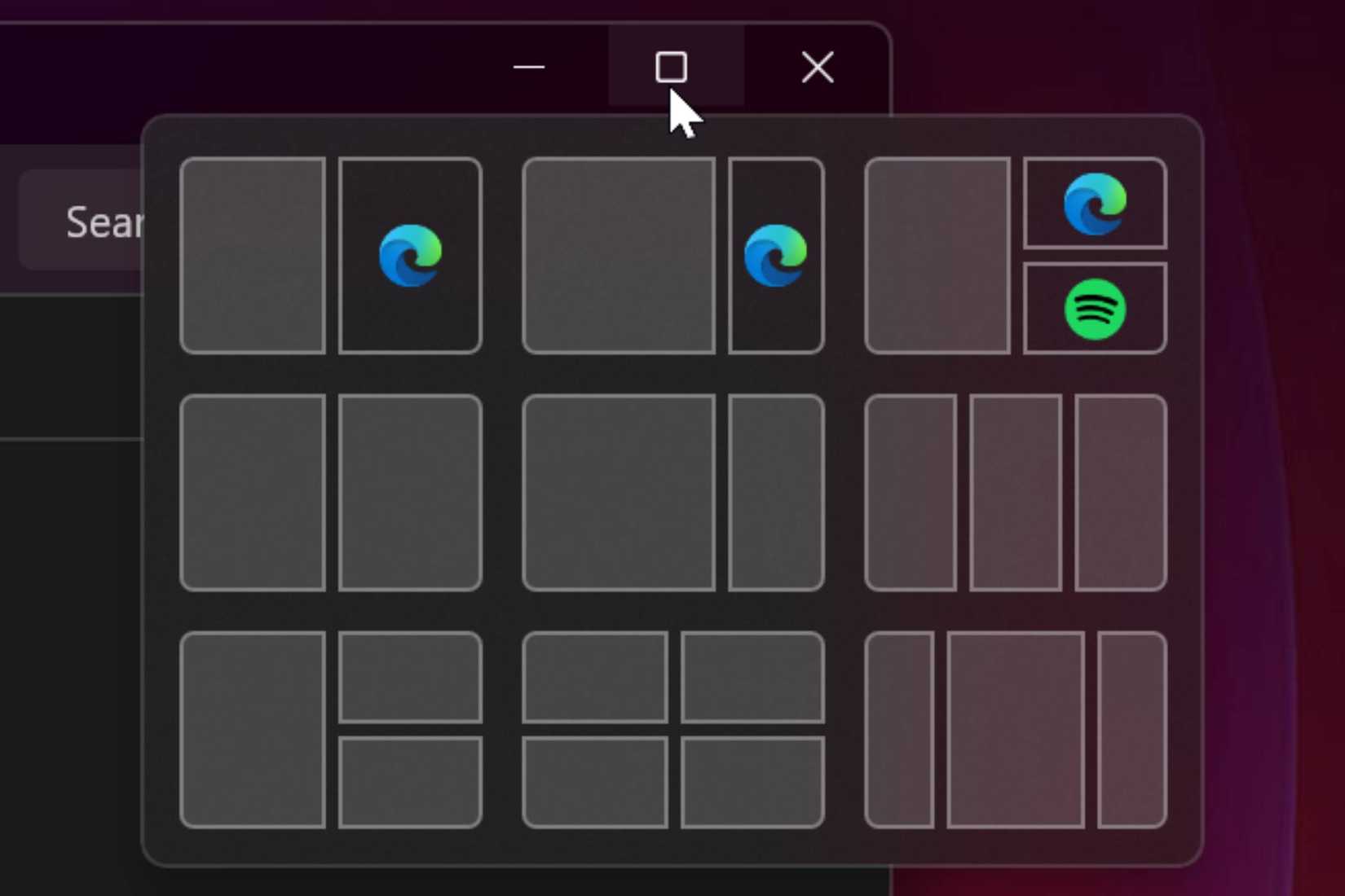 The different options Windows Snap Layouts offers are displayed in the corner of an app.