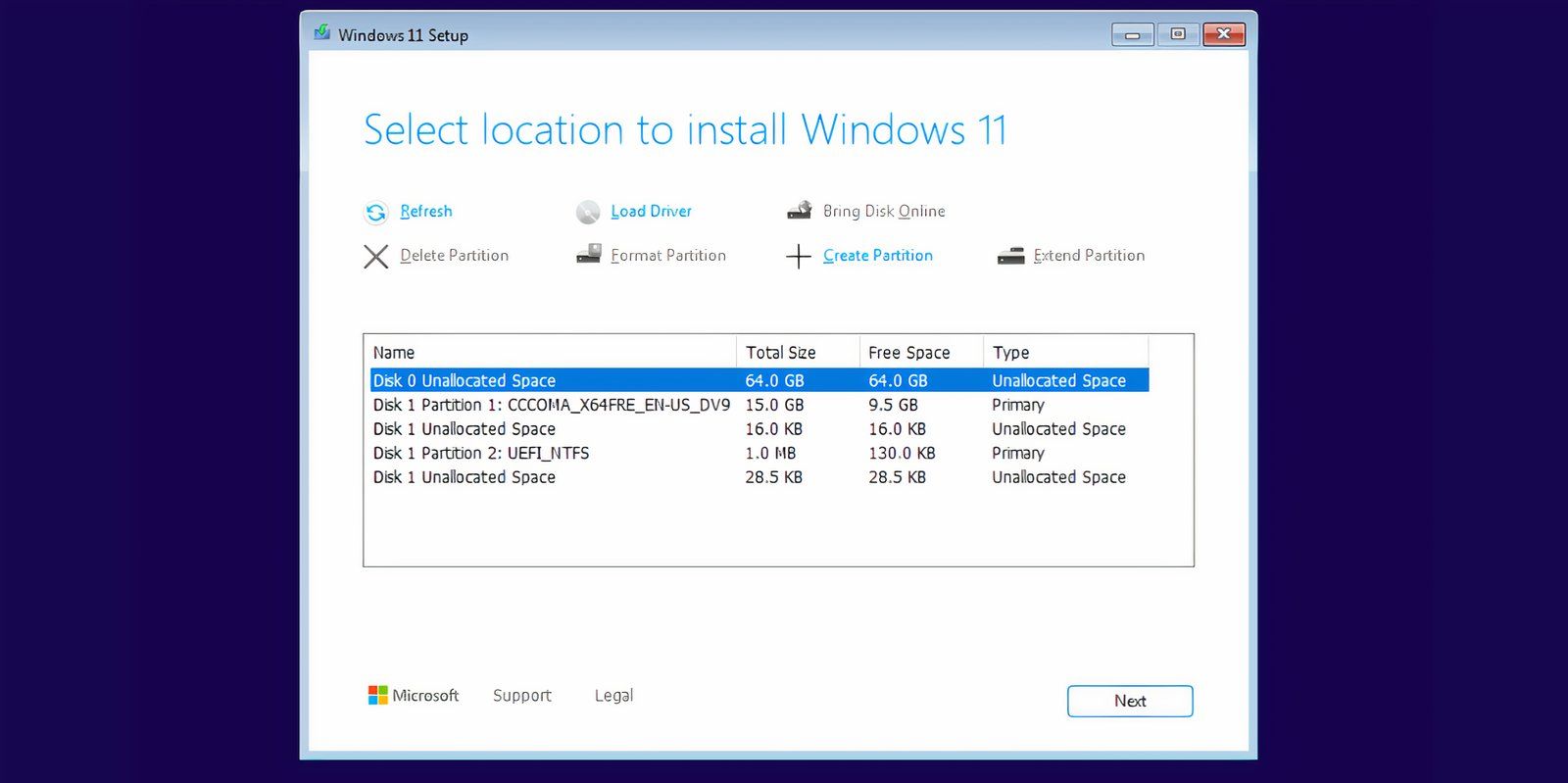 The drive selection page in Windows 11 installation