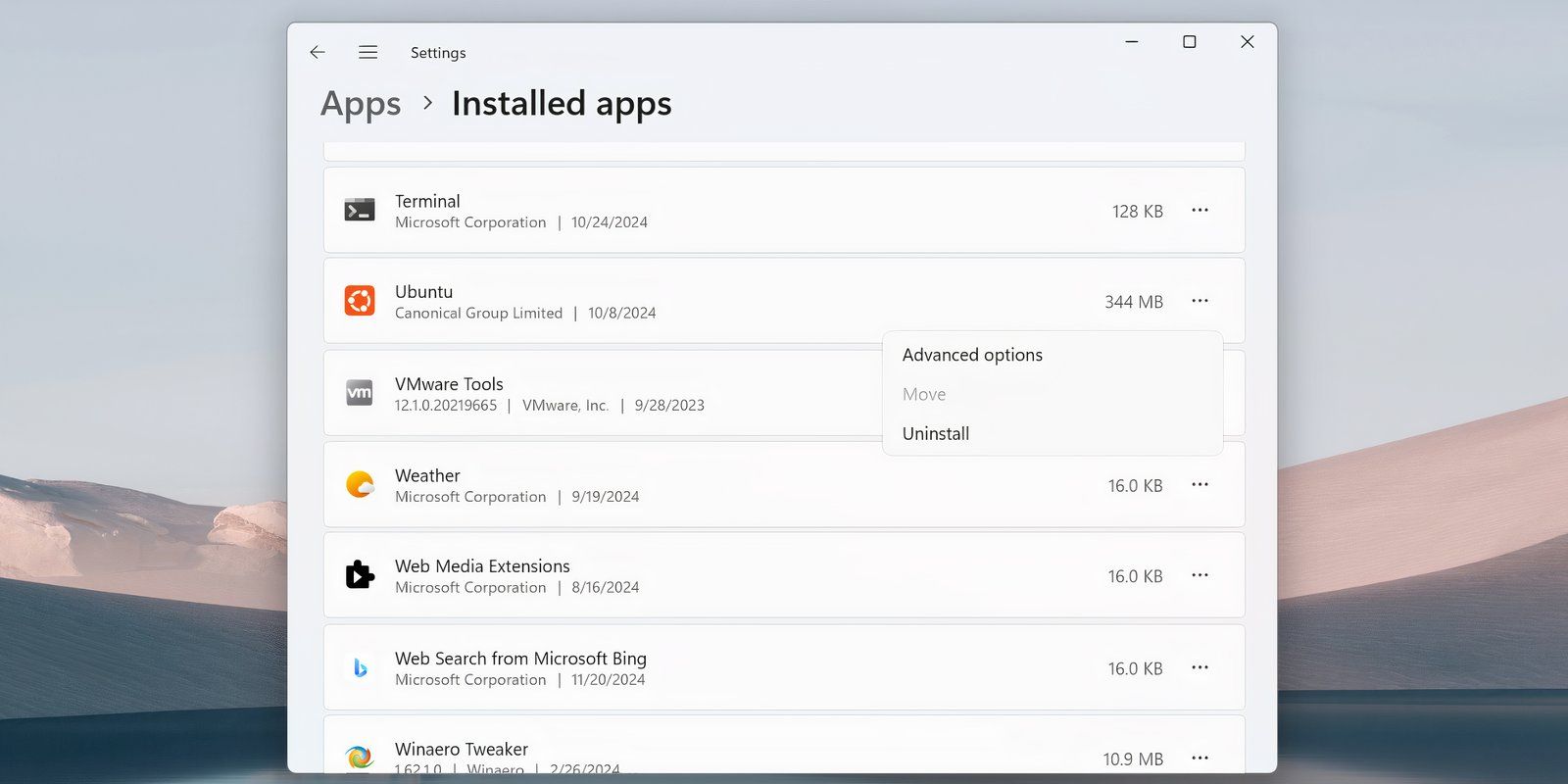 The installed apps list in settings app with the Uninstall option for Ubuntu