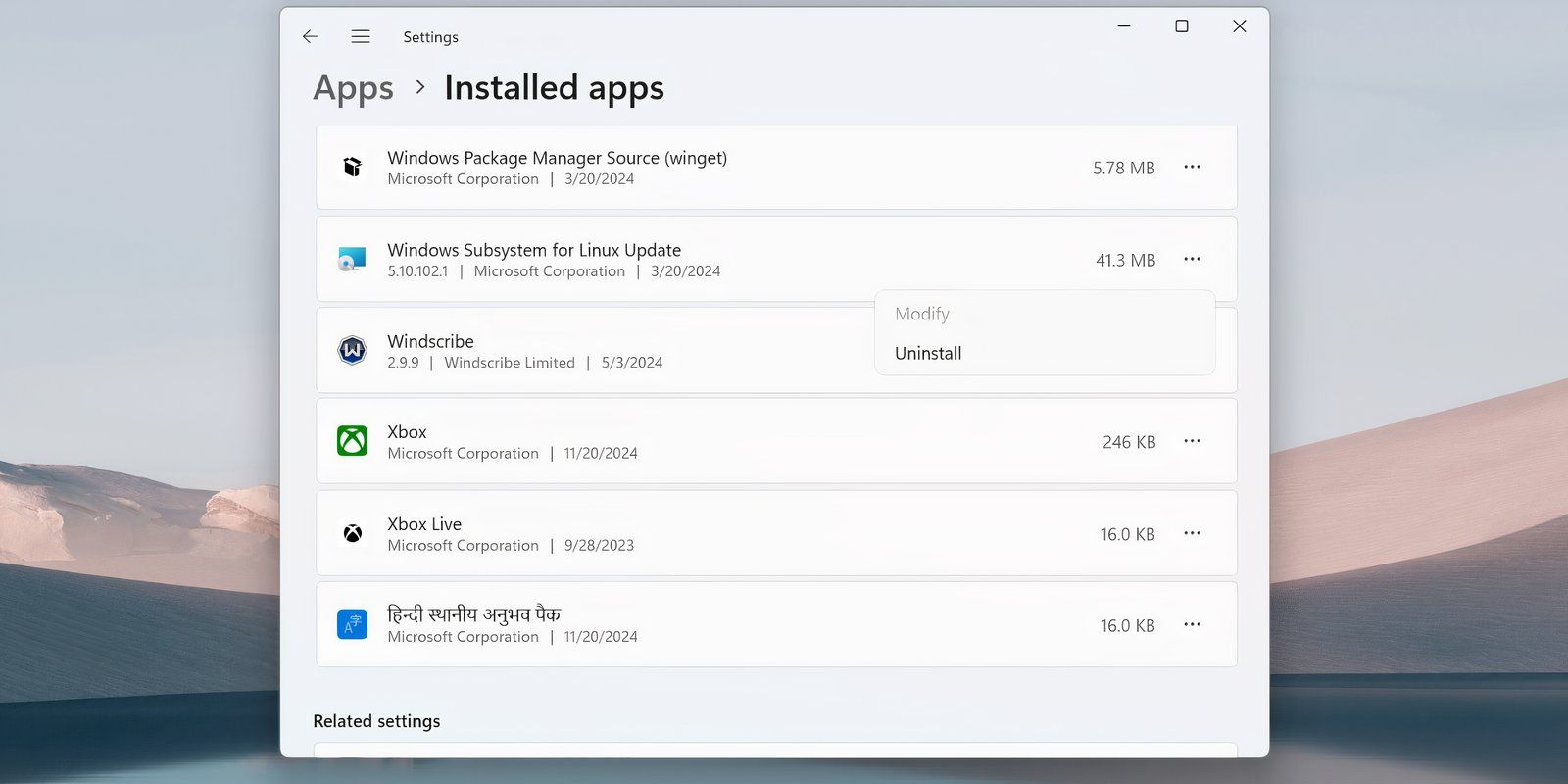 The installed apps list in settings app with the Uninstall option for WSL