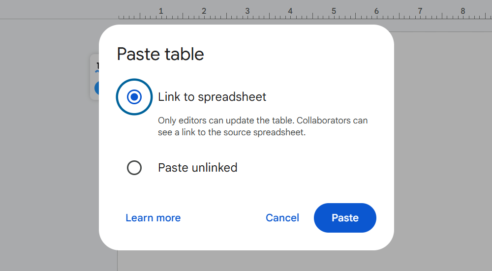 نوار پاپ آپ Paste Table در Google Slides