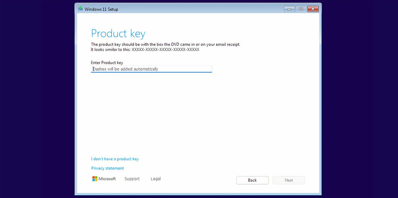 The product key page in Windows 11 installation