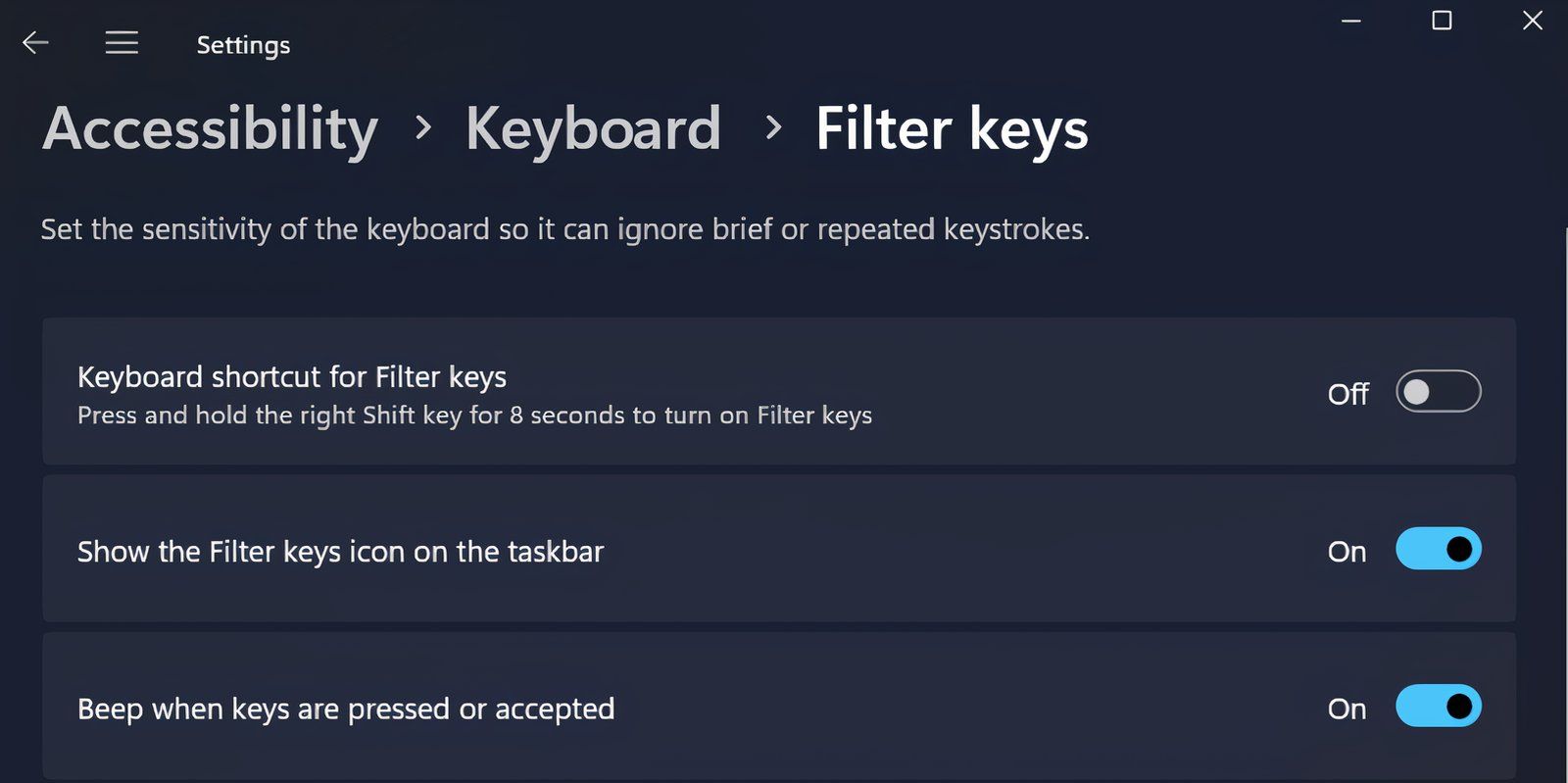 The settings app with the Filter keys shortcut option toggled off