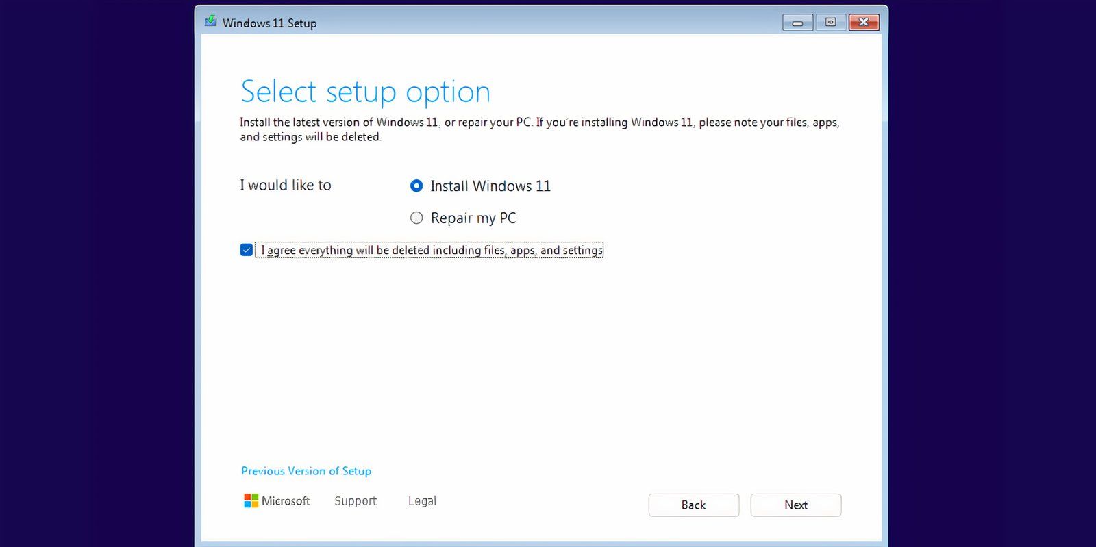 The setup selection page in Windows 11 installation