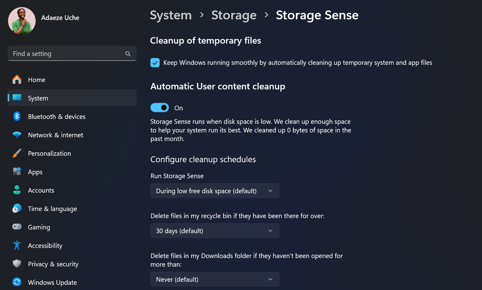 The Storage Sense page in the WIndows Settings App