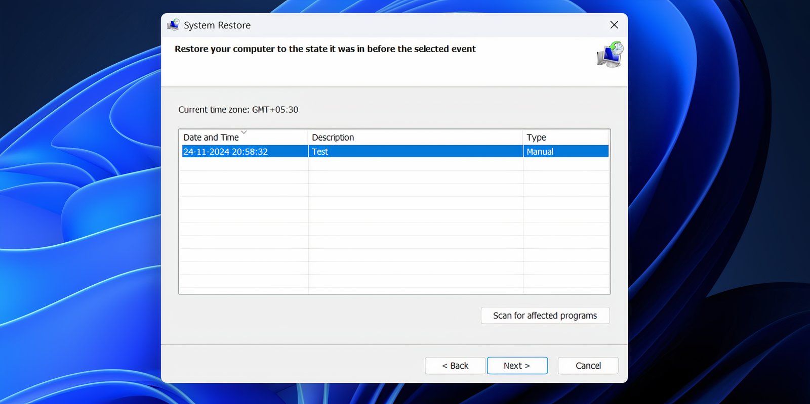 The System restore window with restore point selected