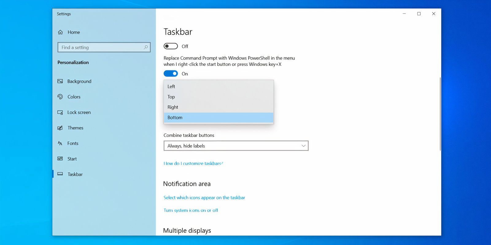 The Windows 10 settings app with the Taskbar position options