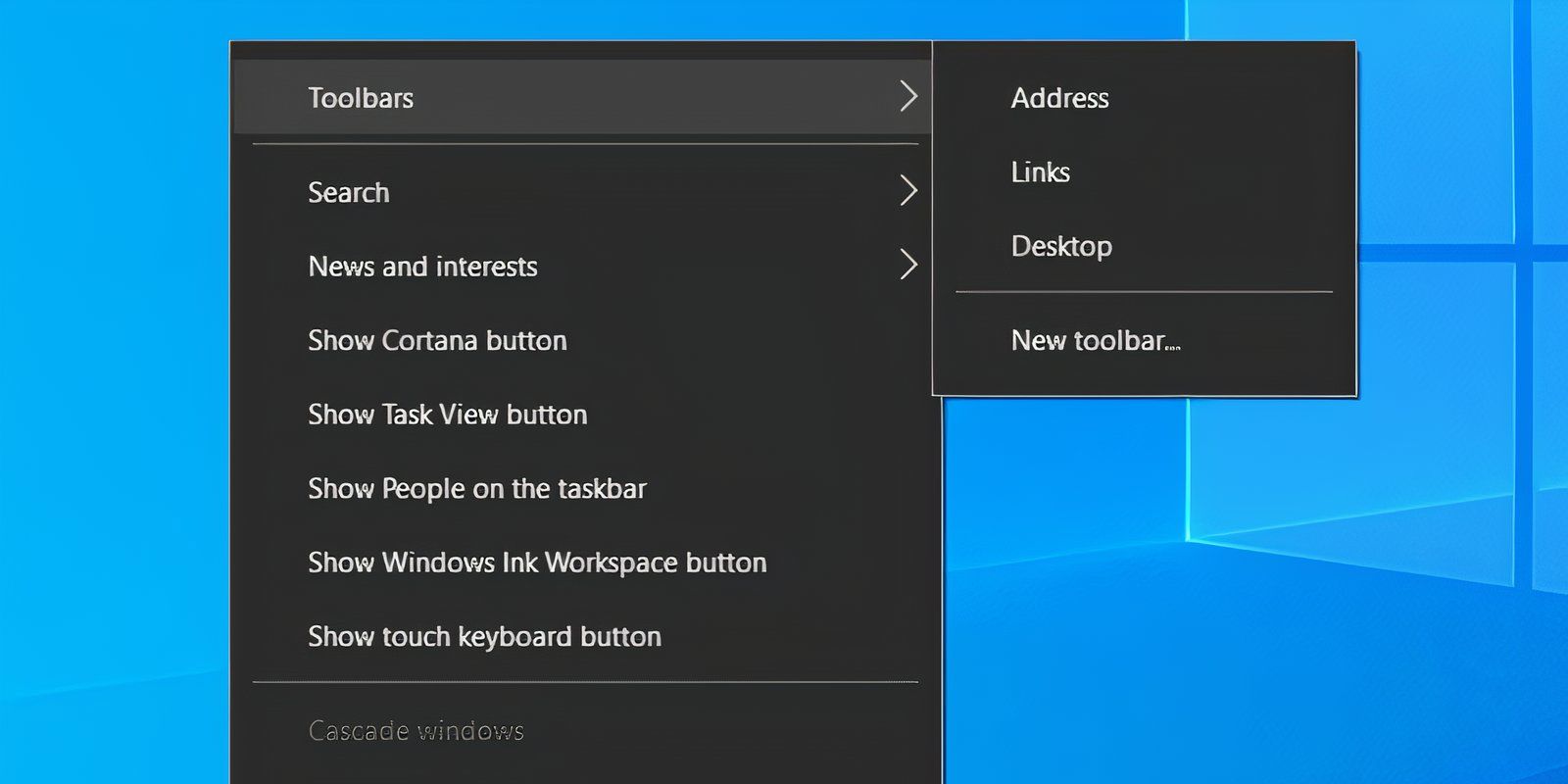 The Windows 10 Taskbar context menu with the Toolbar option