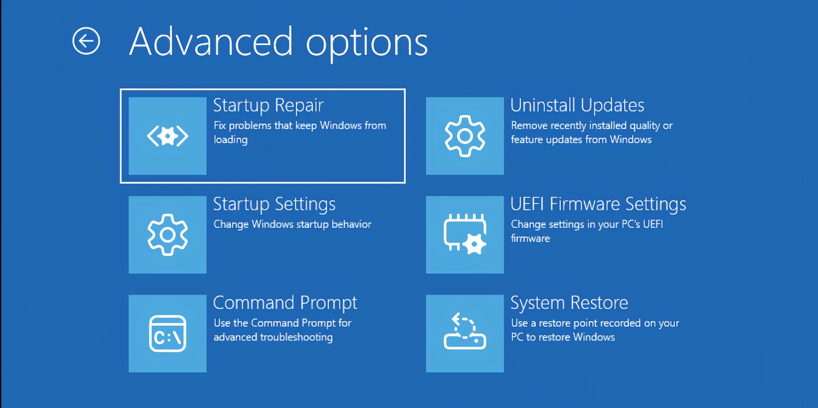 The Windows Recovery Environment page with the Startup repair option selected
