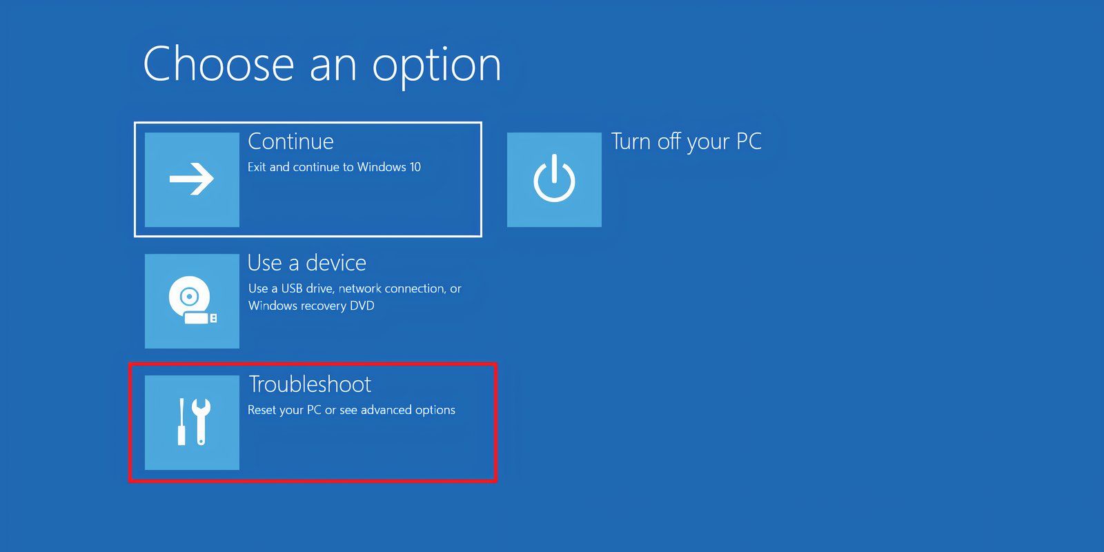 The windows recovery environment page with the Troubleshoot option selected