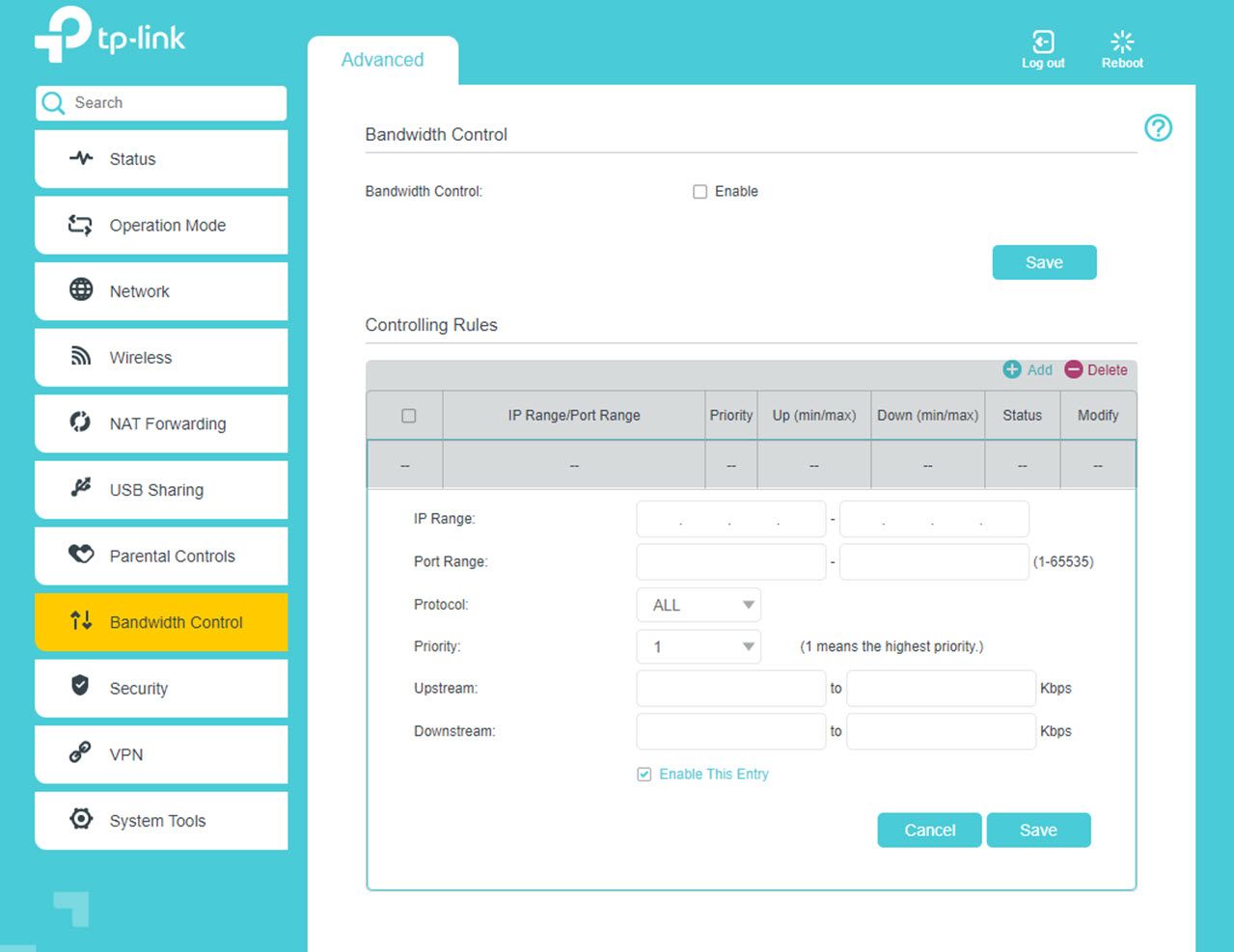 صفحه کنترل پهنای باند روتر TP-Link