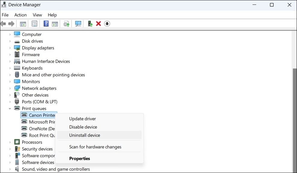 Uninstall the printer driver option in Device Manager in Windows
