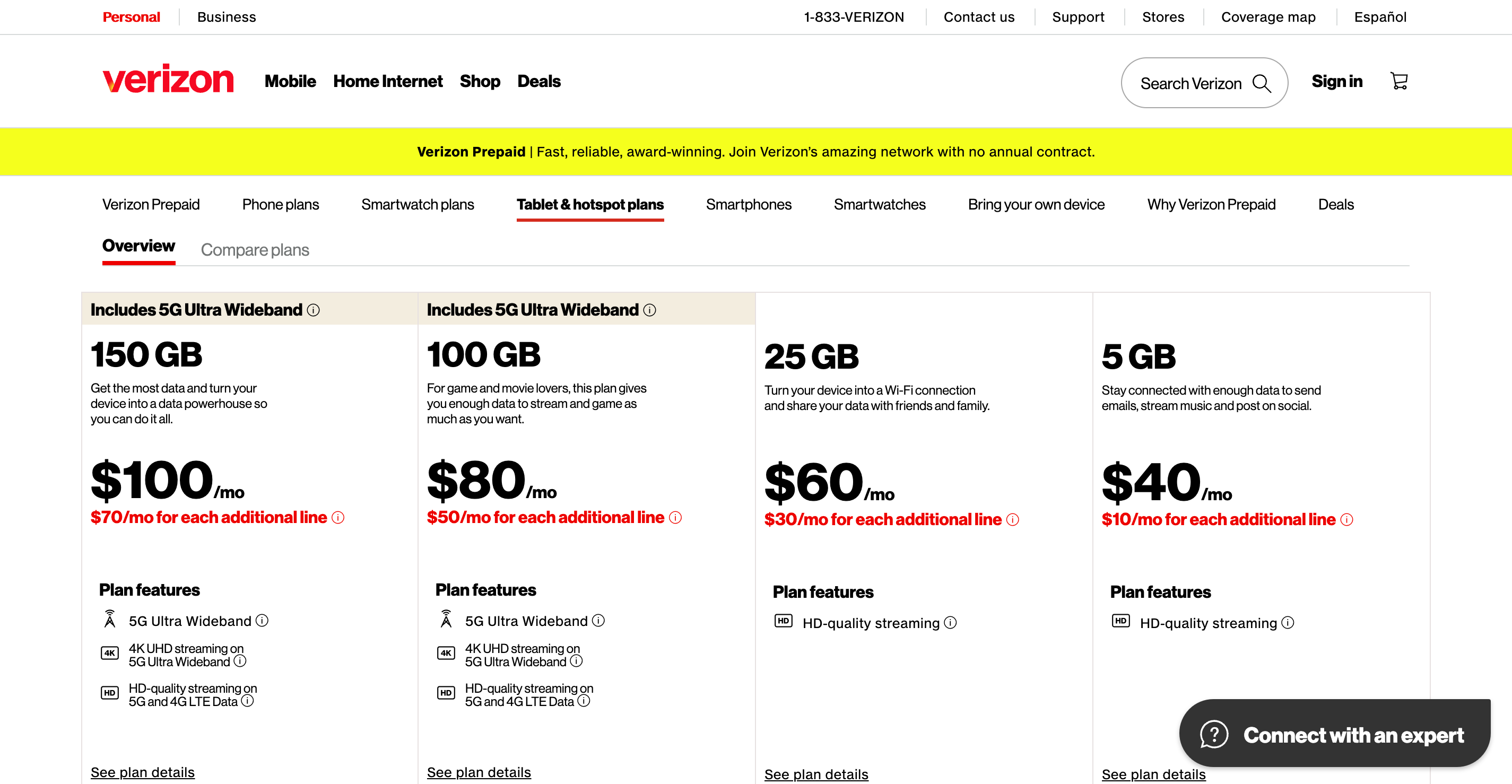 Verizon prepaid tablet and mobile hotspot plans