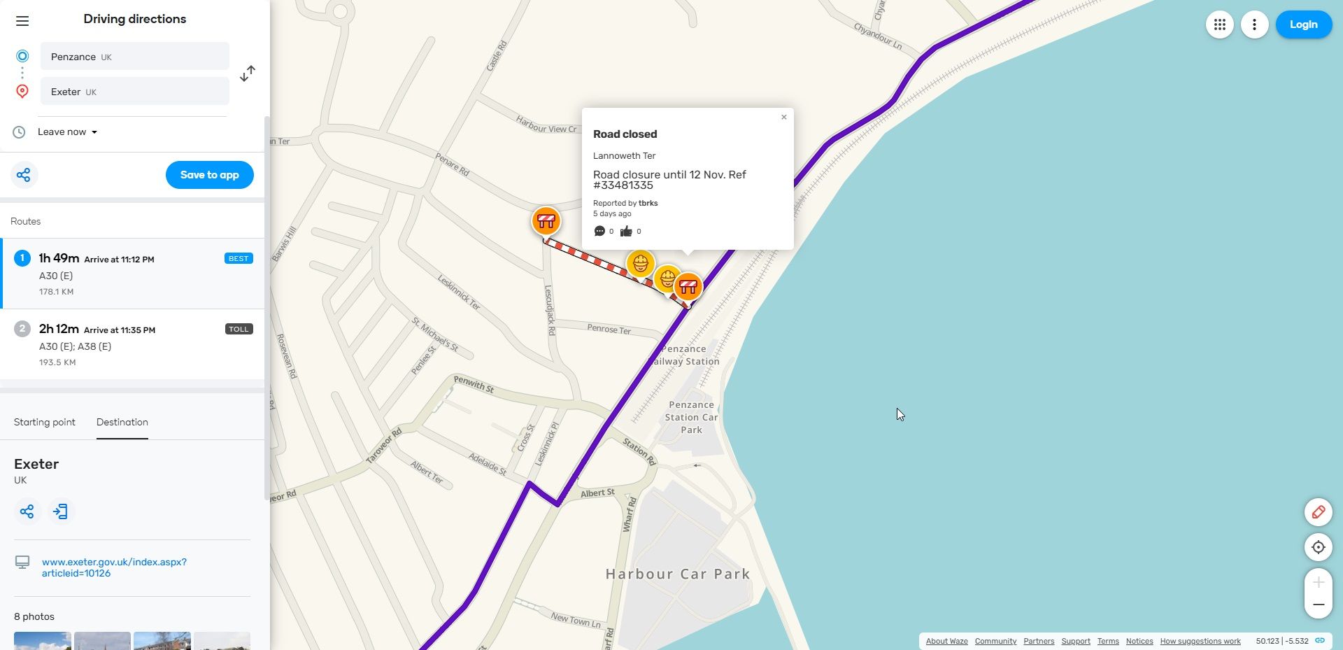 waze map penzance town center showing road closure