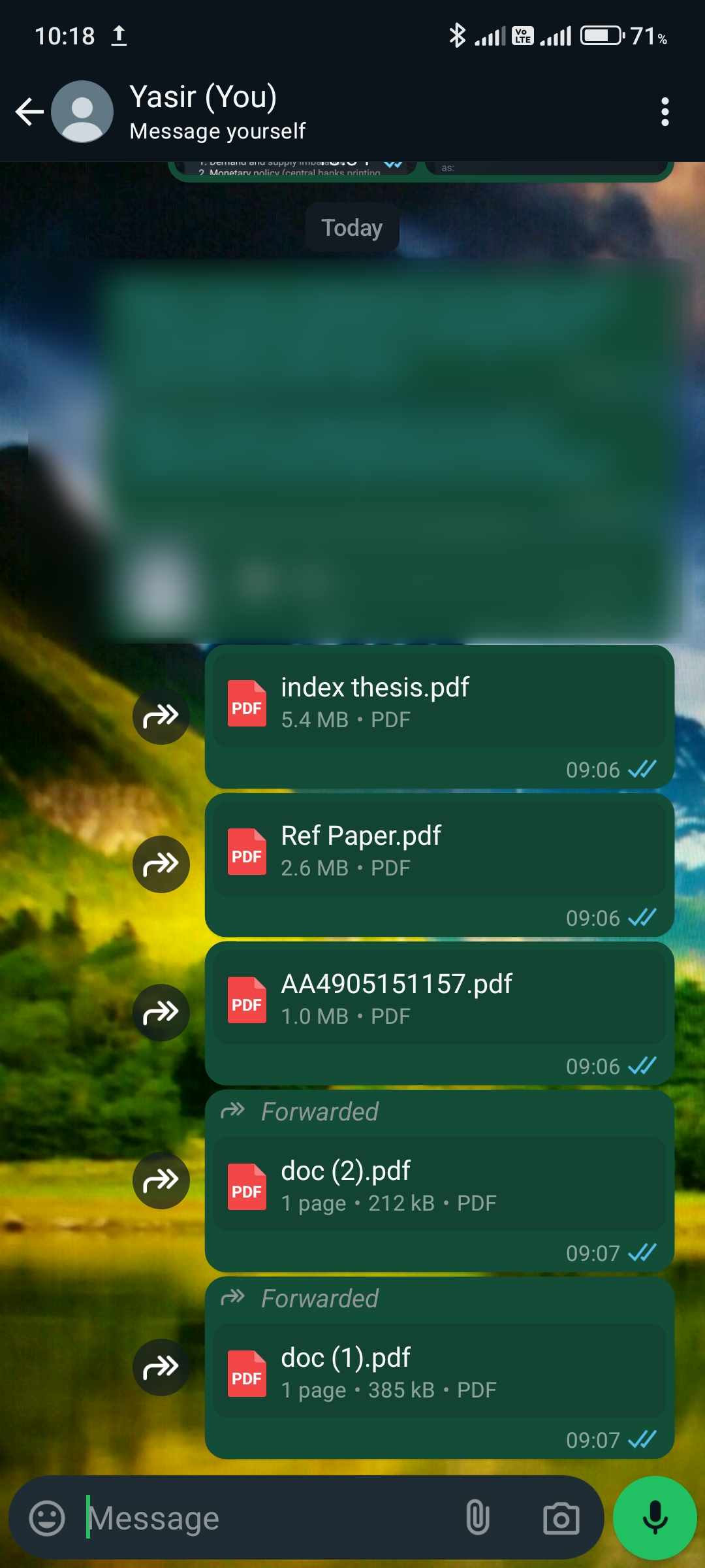 A screenshot of WhatsApp showing files sent to self.