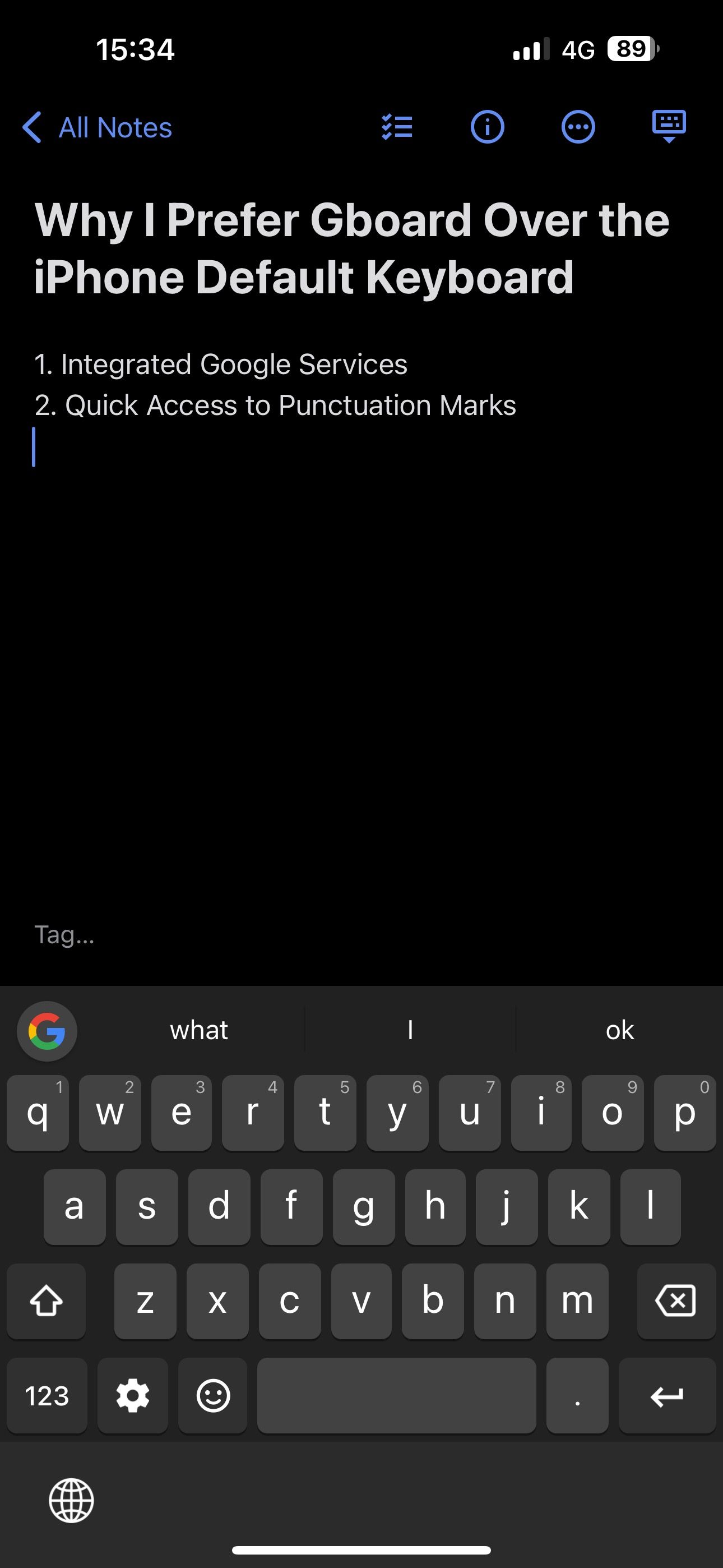 Gboard keyboard in Simplenote app on an iPhone.