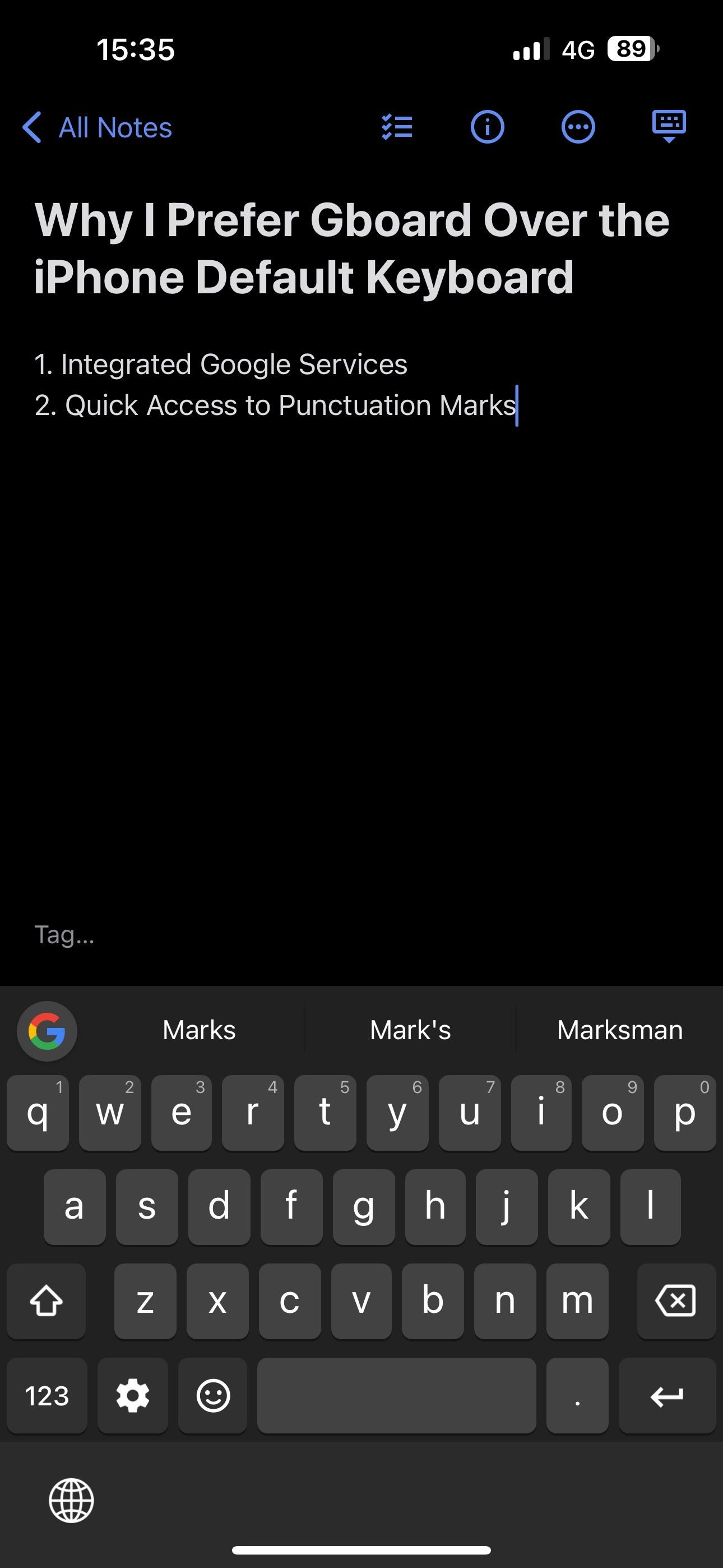 Period key in Gboard on an iPhone with a Note open