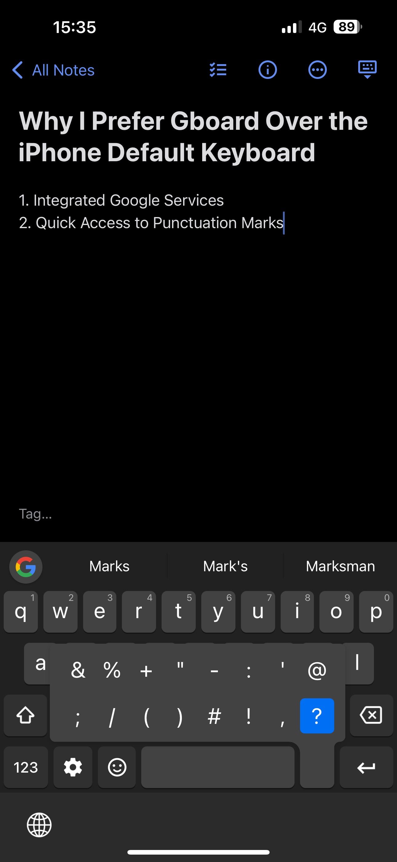 Gboard's period button pop-out meanu with punctuations and symbols.