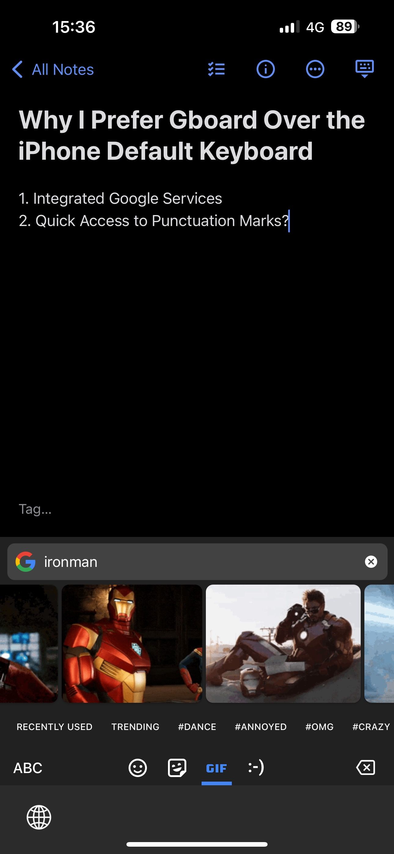 Looking up GIF in Gboard on an iPhone.