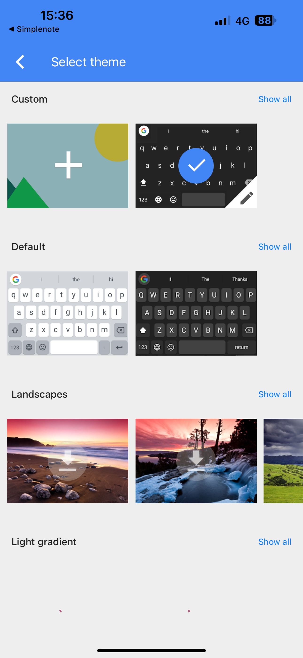 Selecting Gboard theme in Gboard settings on an iPhone.