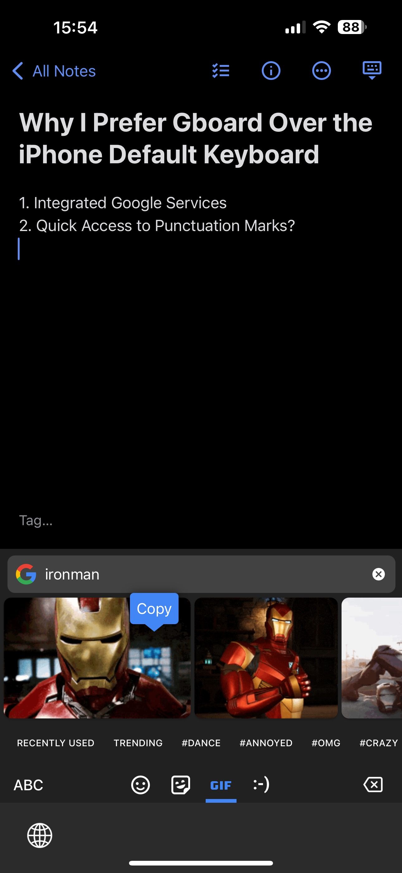 Copying a GIF in Gboard on an iPhone.