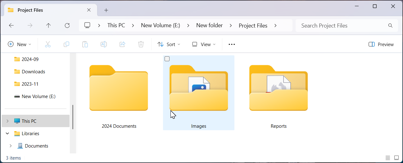 Windows 11 File Explorer با پوشه پروژه باز است