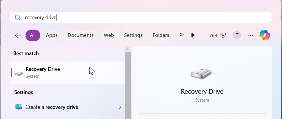 Windows 11 search with recovery drive keyword