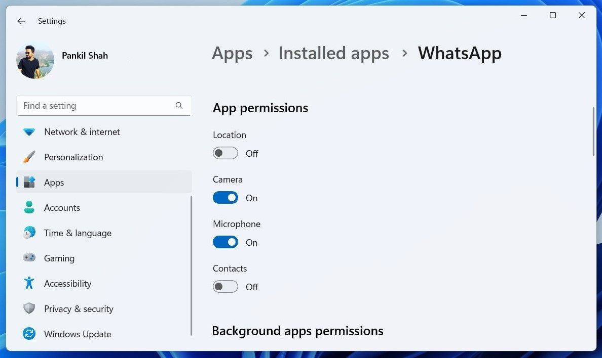 Windows 11 Settings app showing app permissions for WhatsApp