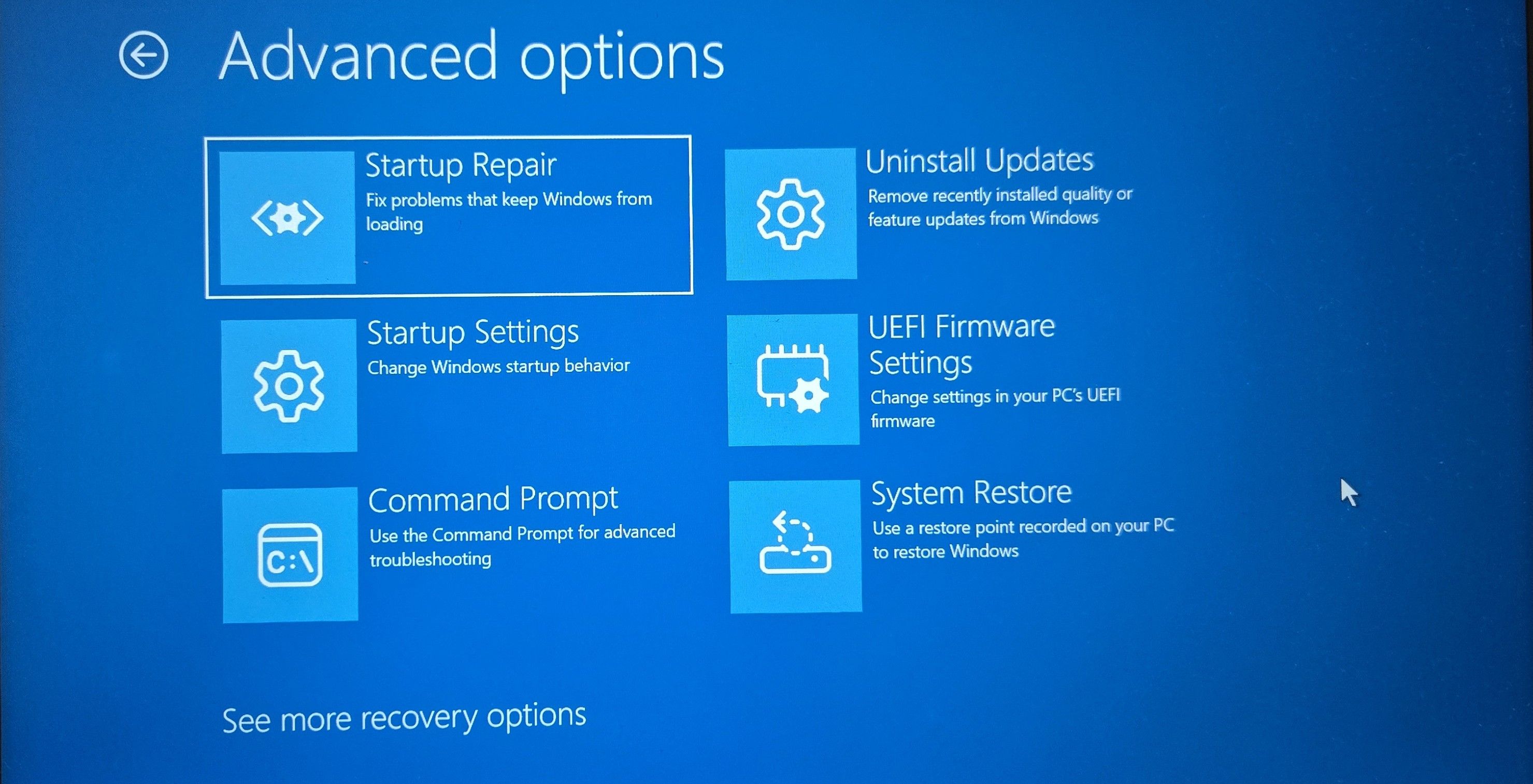 Windows recovery environment with advanced options