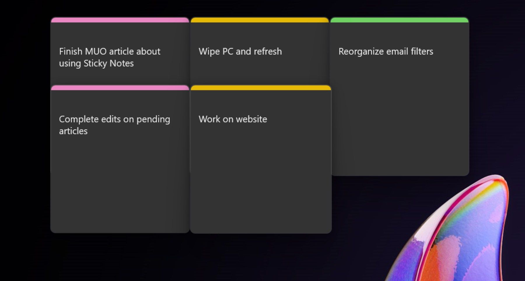 چندین کار لیست شده در یادداشت های رنگی Sticky Notes در ویندوز 11