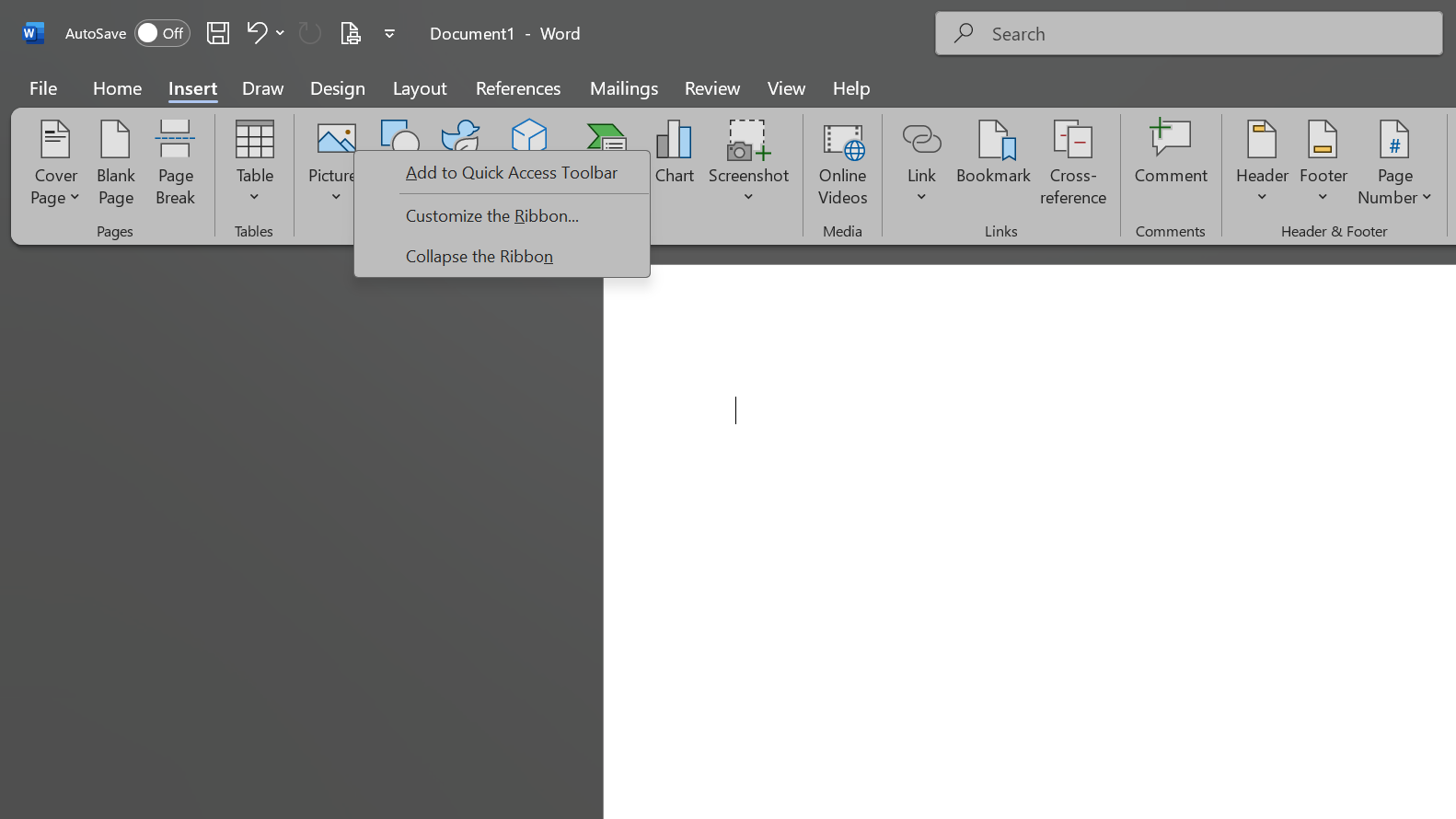 Command menu in Microsoft Word ribbon 