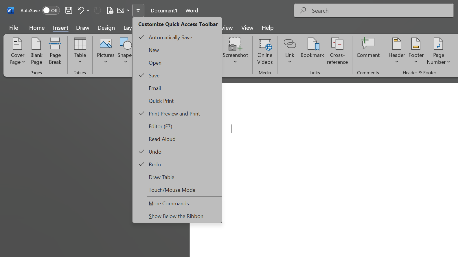 Customize quick access toolbar menu in Microsoft Word