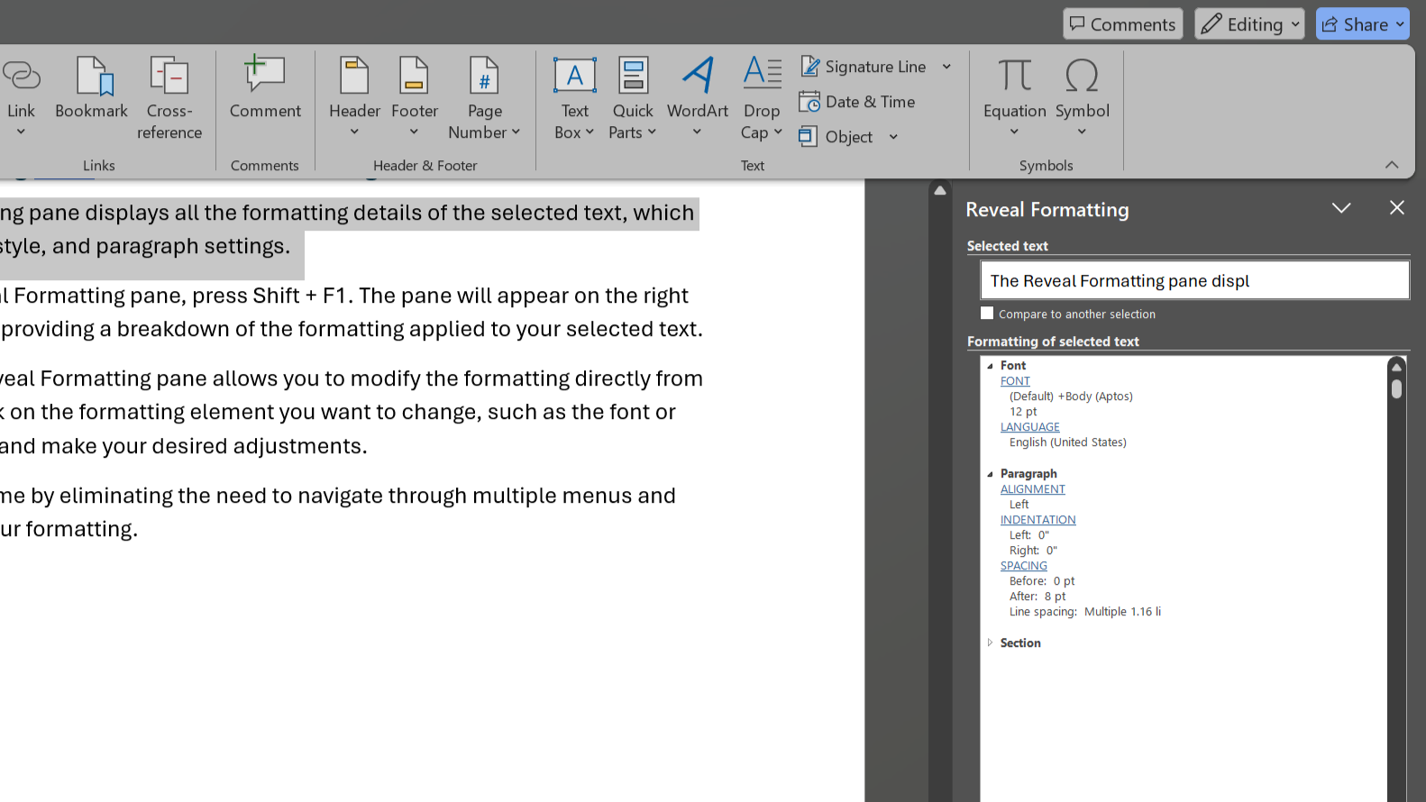 Reveal formatting sidebar in Microsoft Word