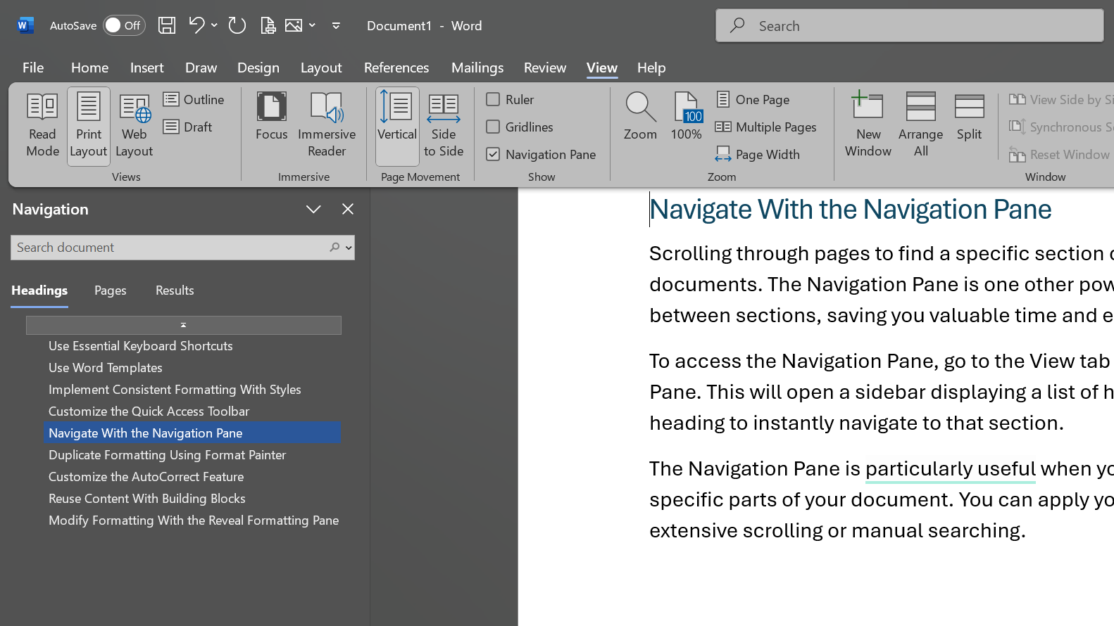 Navigation pane in Microsoft Word