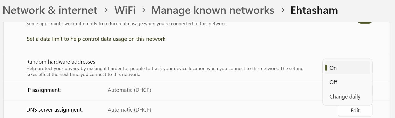 Turning on random hardware addresses for a specific network on Windows.