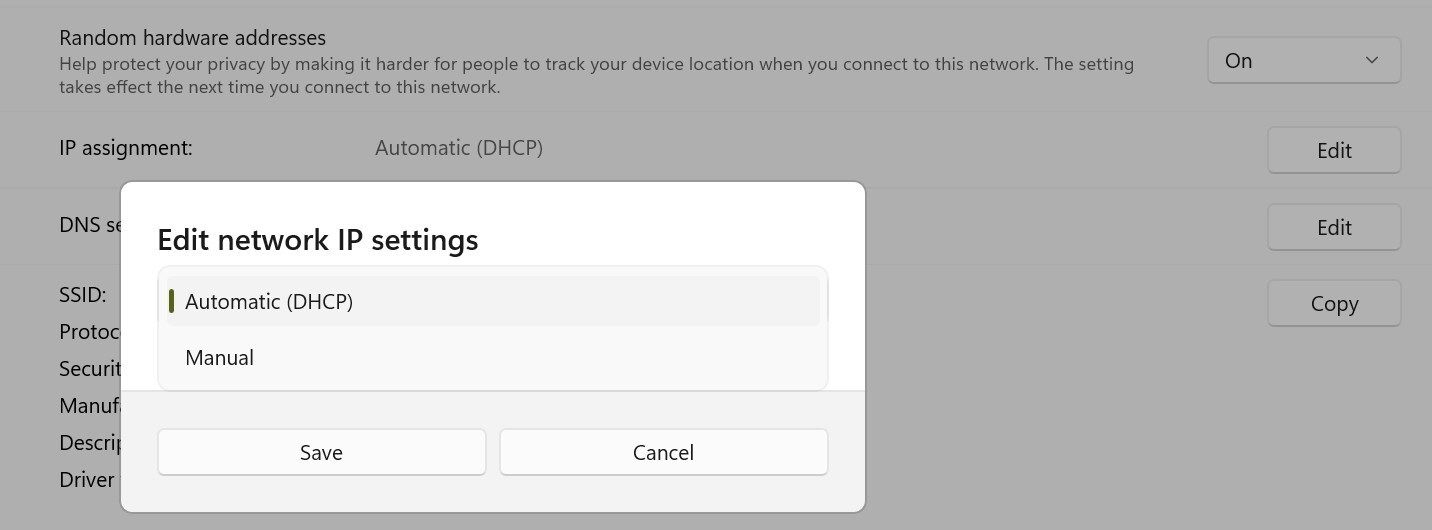 Changing the ip assignment settings in the Windows settings app.